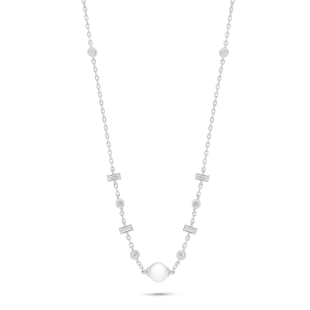 Sterling Silver 925 Necklace Rhodium Plated Embedded With Natural White Pearl And White Zircon 