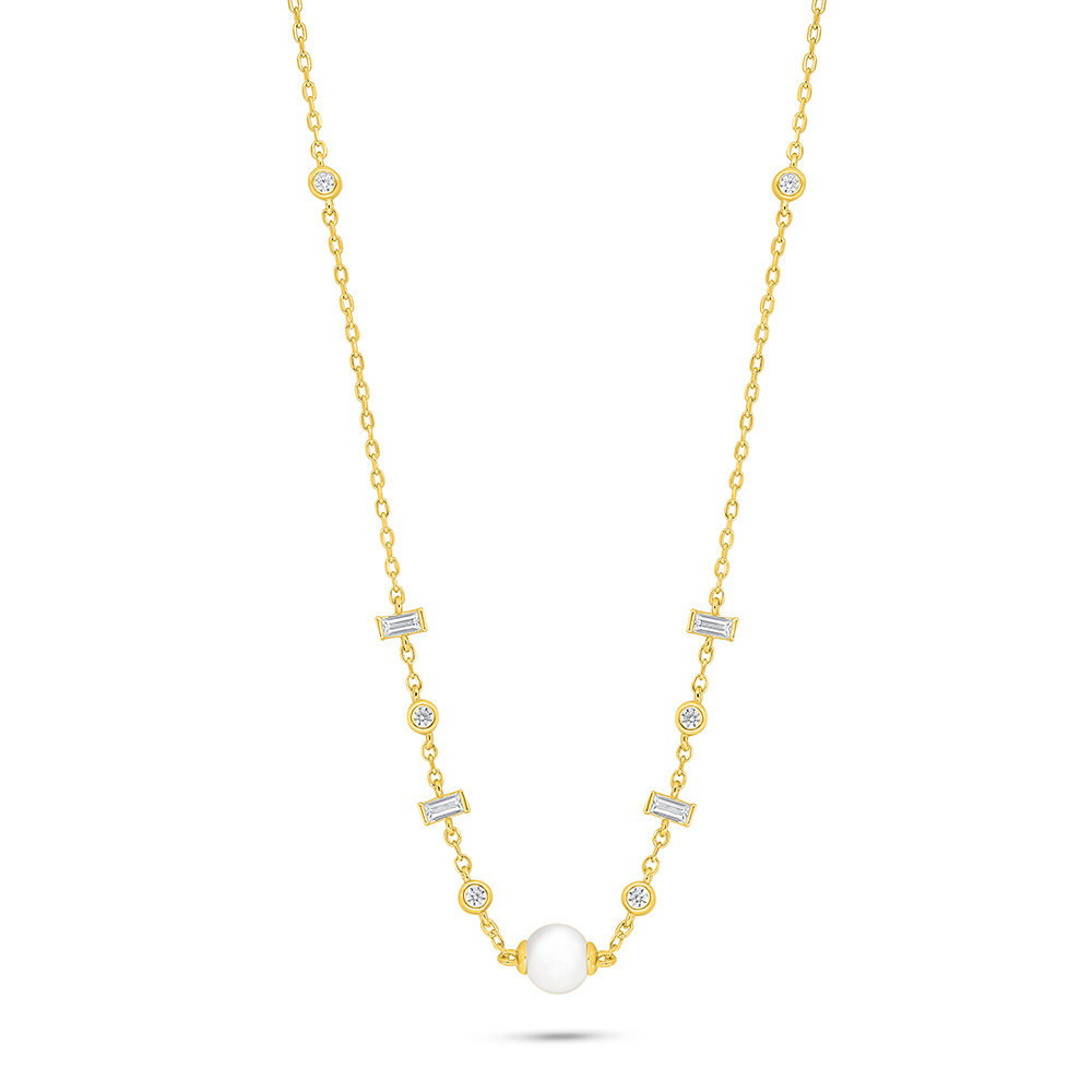 Sterling Silver 925 Necklace Golden Plated Embedded With Natural White Pearl And White Zircon 