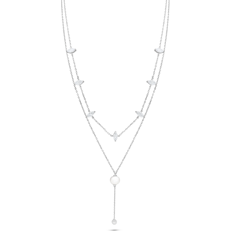 Sterling Silver 925 Necklace Rhodium Plated Embedded With Natural White Pearl And White Zircon 