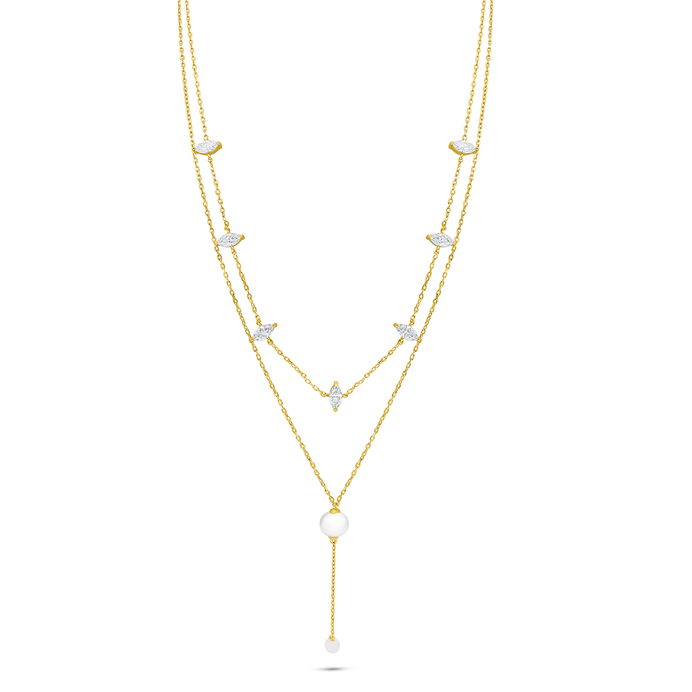 Sterling Silver 925 Necklace Golden Plated Embedded With Natural White Pearl And White Zircon 