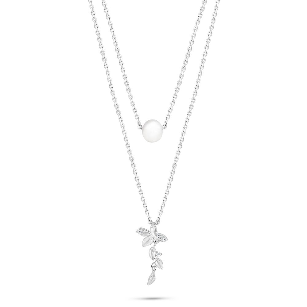 Sterling Silver 925 Necklace Rhodium Plated Embedded With Natural White Pearl And White Zircon 