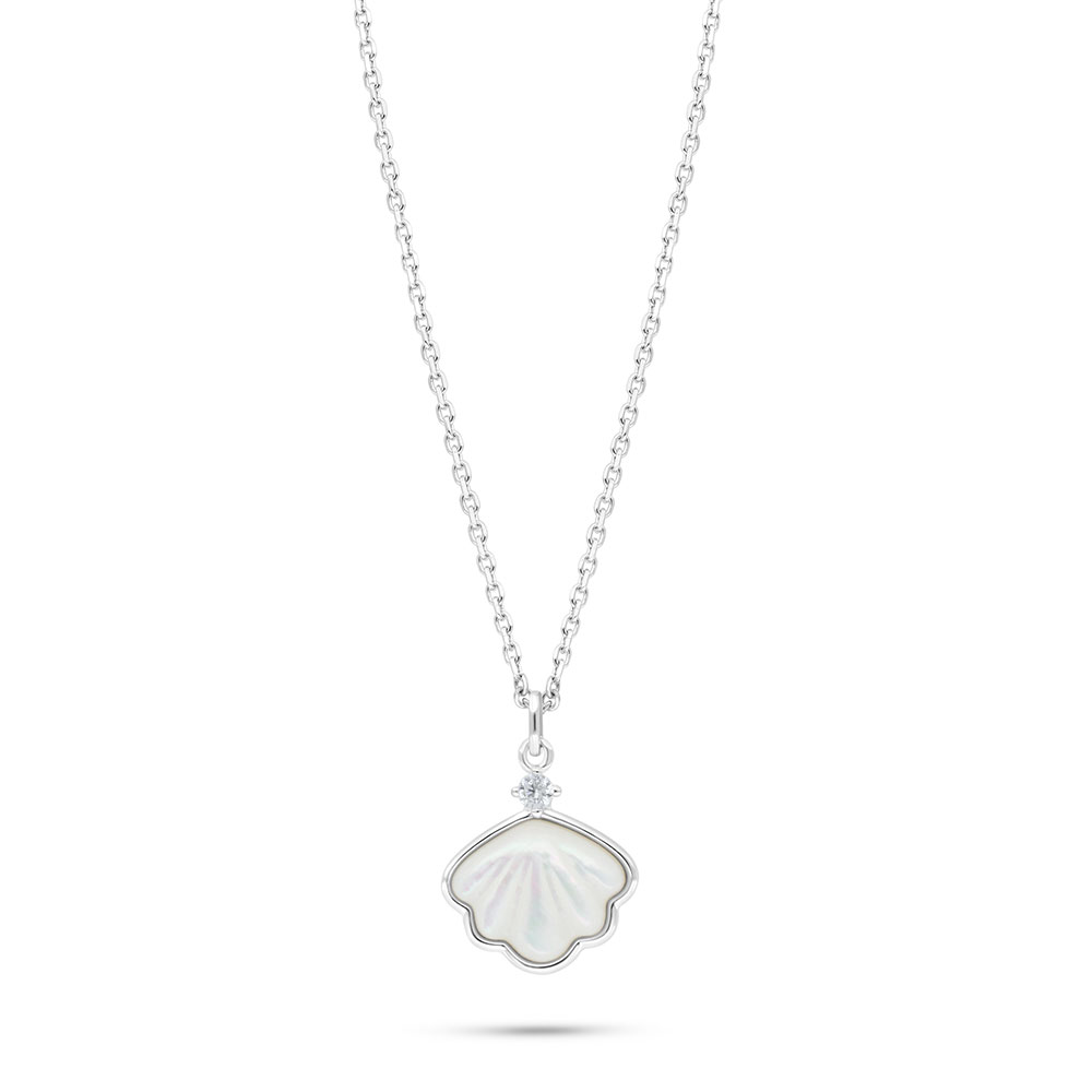 Sterling Silver 925 Necklace Rhodium Plated Embedded With White Shell And White Zircon