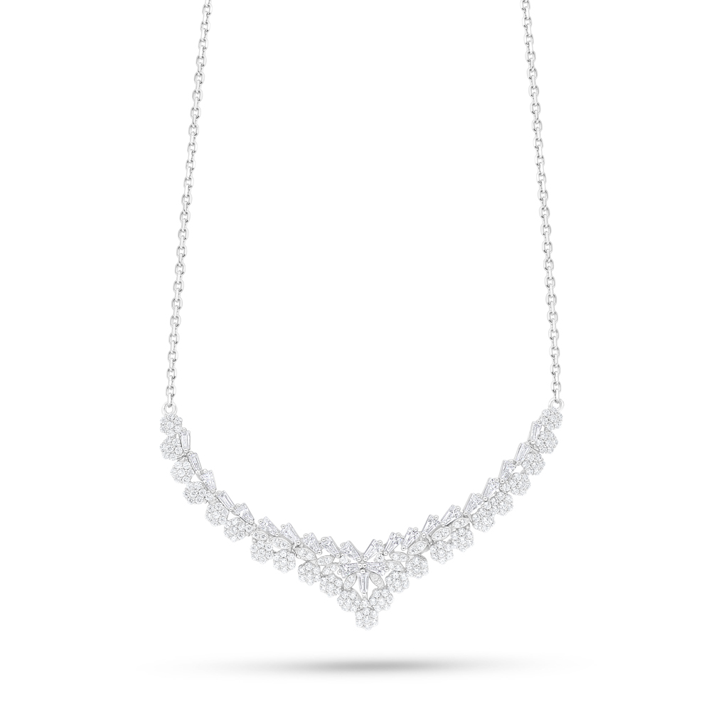 Sterling Silver 925 Necklace Rhodium Plated Embedded With White Zircon