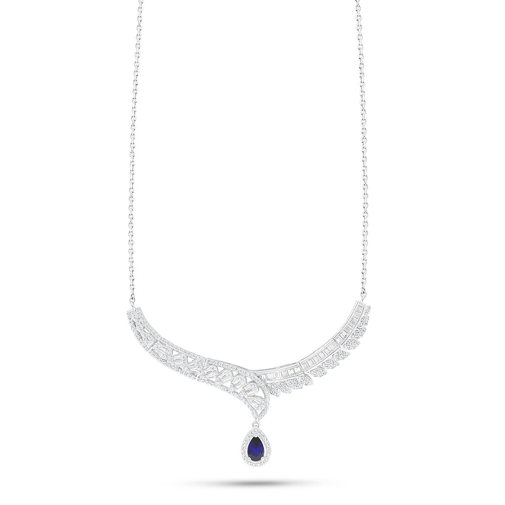 Sterling Silver 925 Necklace Rhodium Plated Embedded With Sapphire Corundum And White Zircon