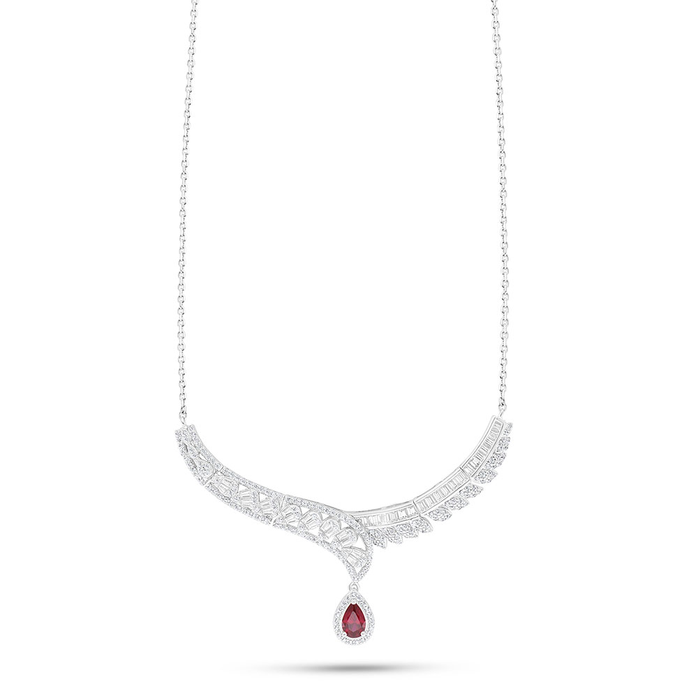 Sterling Silver 925 Necklace Rhodium Plated Embedded With Ruby Corundum And White Zircon