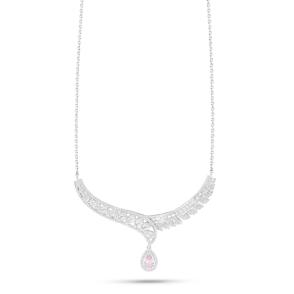 Sterling Silver 925 Necklace Rhodium Plated Embedded With Pink Zircon And White Zircon