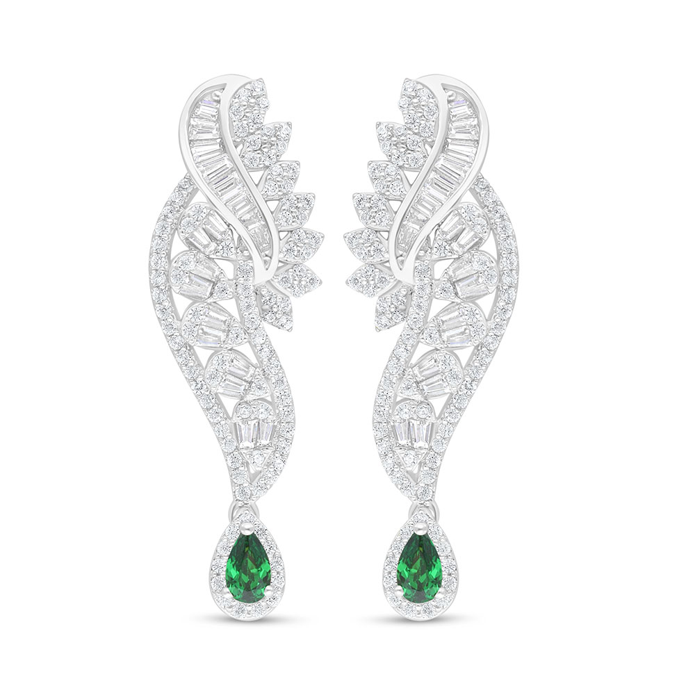 Sterling Silver 925 Earring Rhodium Plated Embedded With Emerald Zircon And White Zircon