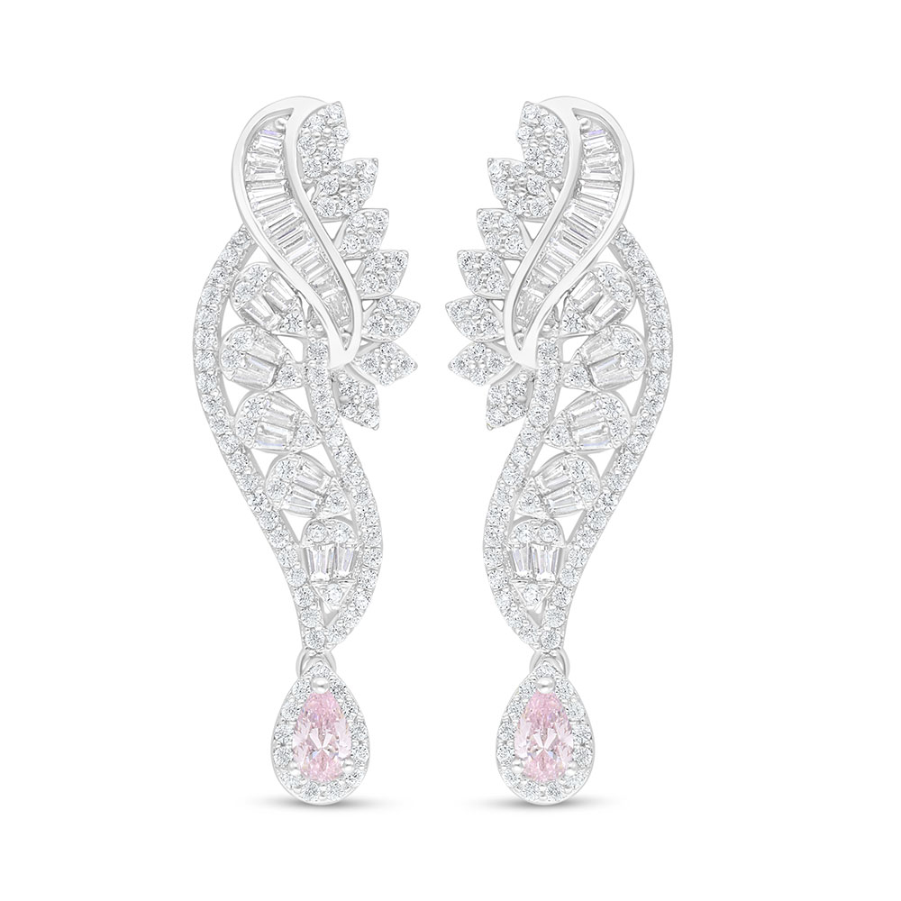 Sterling Silver 925 Earring Rhodium Plated Embedded With Pink Zircon And White Zircon