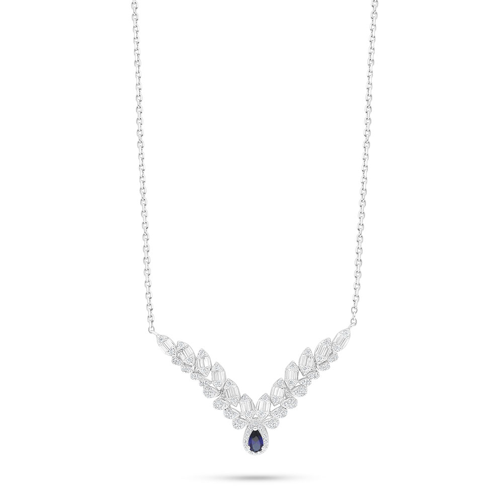 Sterling Silver 925 Necklace Rhodium Plated Embedded With Sapphire Corundum And White Zircon