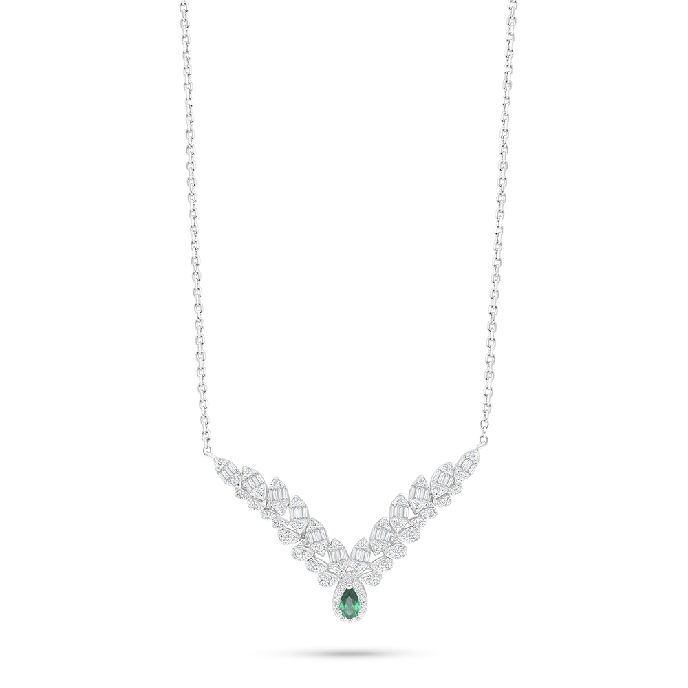 Sterling Silver 925 Necklace Rhodium Plated Embedded With Emerald Zircon And White Zircon