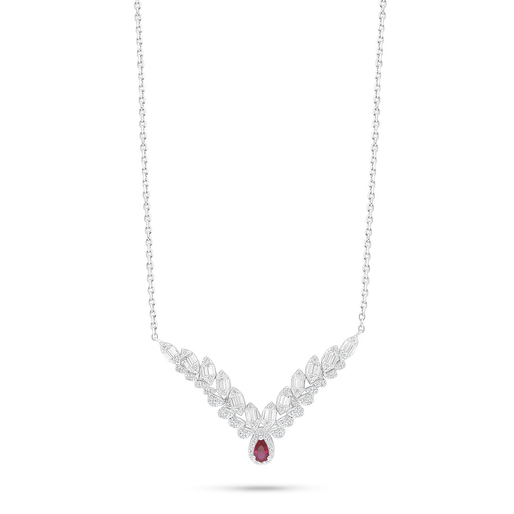 Sterling Silver 925 Necklace Rhodium Plated Embedded With Ruby Corundum And White Zircon