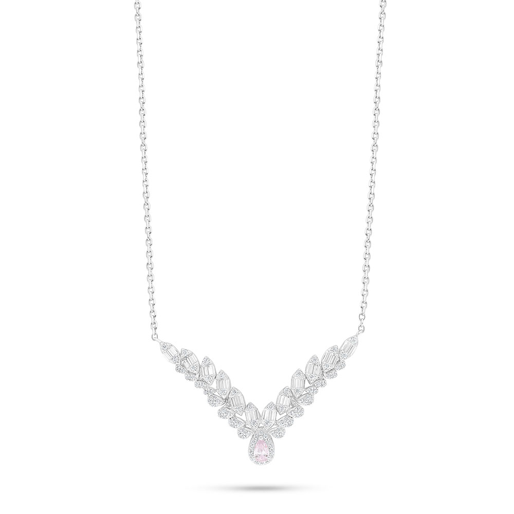 Sterling Silver 925 Necklace Rhodium Plated Embedded With Pink Zircon And White Zircon