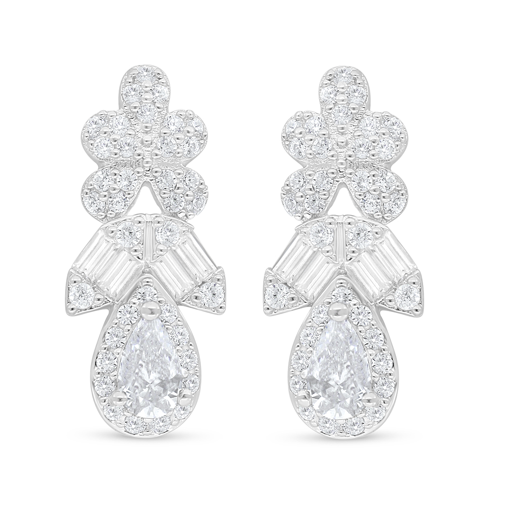 Sterling Silver 925 Earring Rhodium Plated Embedded With White Zircon