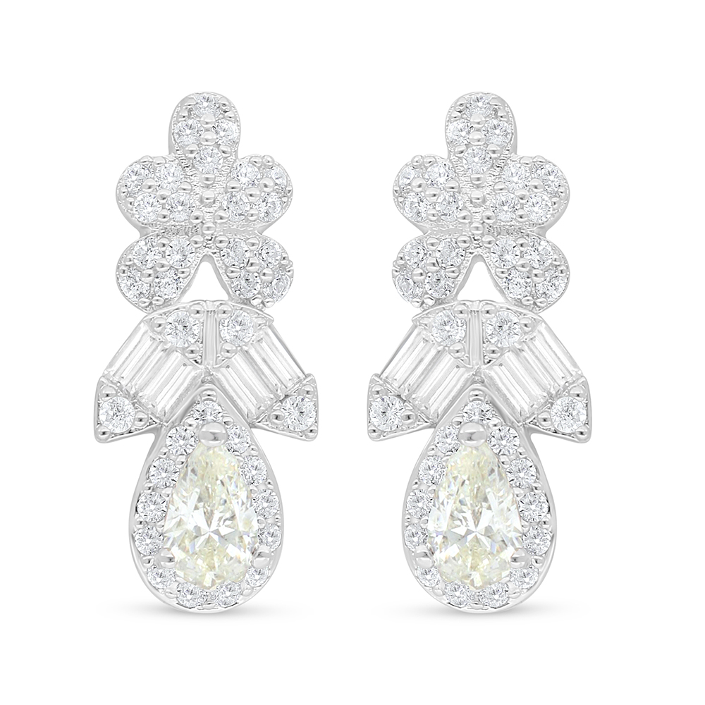 Sterling Silver 925 Earring Rhodium Plated Embedded With Yellow Diamond And White Zircon