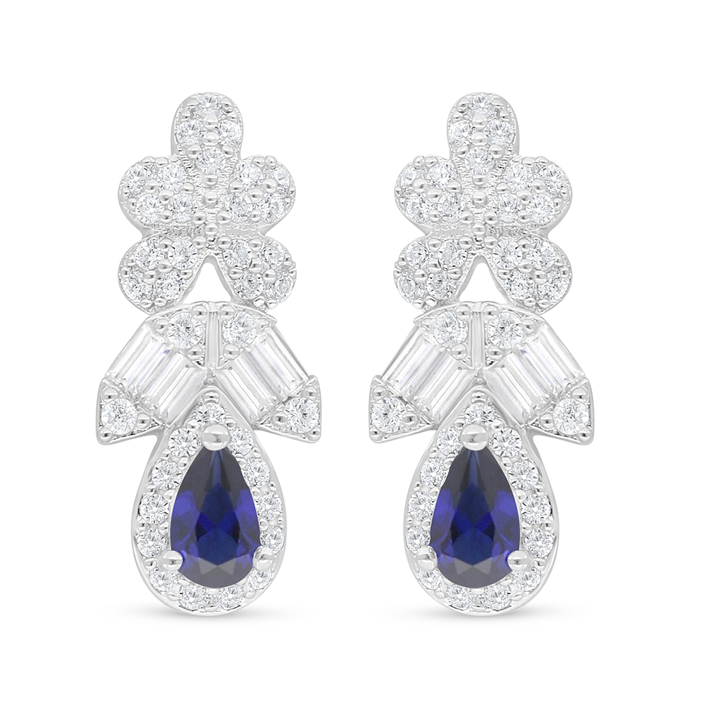 Sterling Silver 925 Earring Rhodium Plated Embedded With Sapphire Corundum And White Zircon