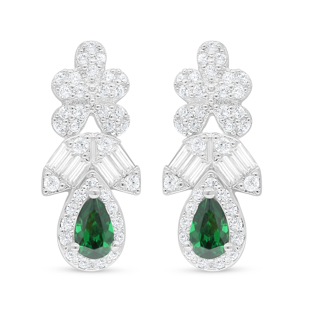 Sterling Silver 925 Earring Rhodium Plated Embedded With Emerald Zircon And White Zircon