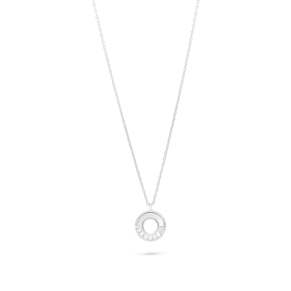 Sterling Silver 925 Necklace Rhodium Plated Embedded With White Shell And White Zircon