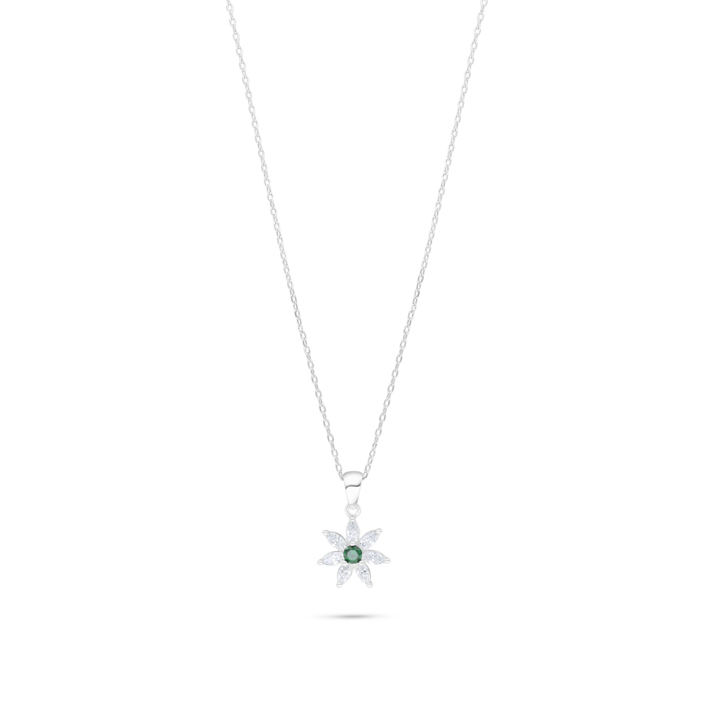 Sterling Silver 925 Necklace Rhodium Plated Embedded With Emerald Zircon And White Zircon