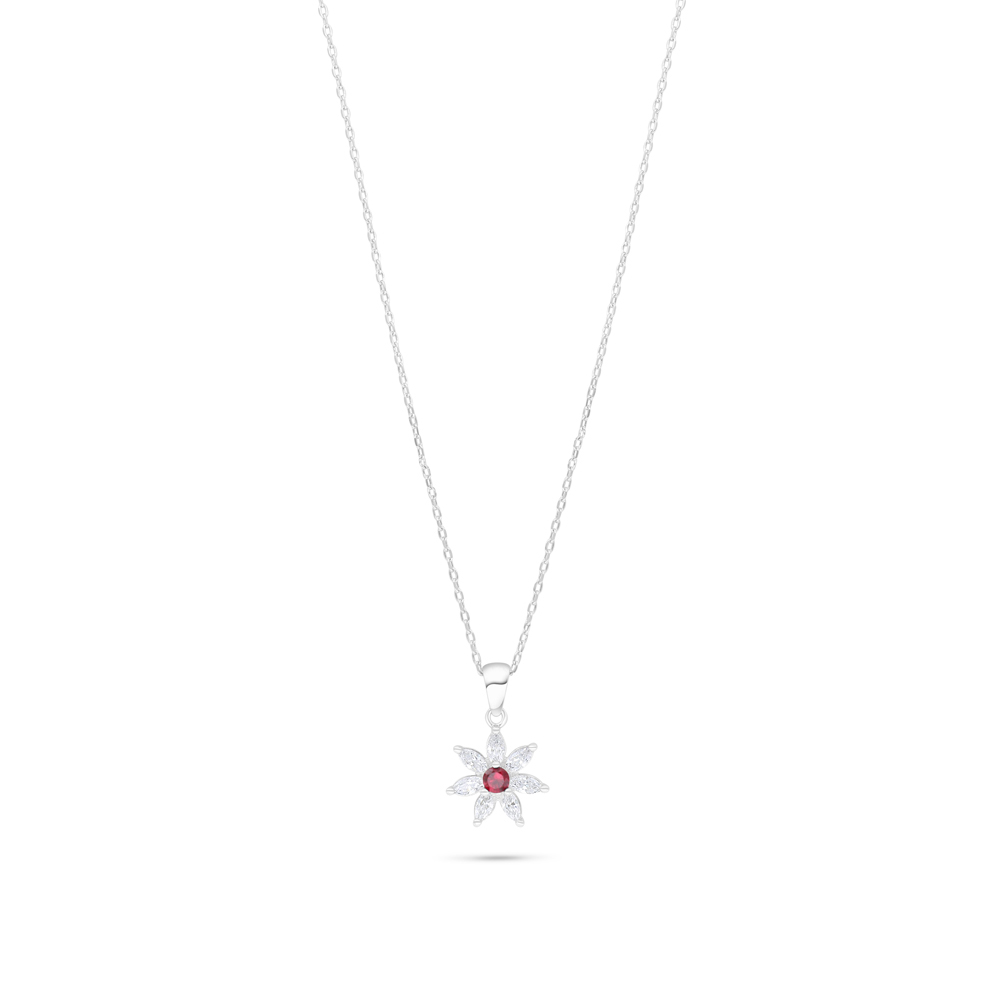 Sterling Silver 925 Necklace Rhodium Plated Embedded With Ruby Corundum And White Zircon