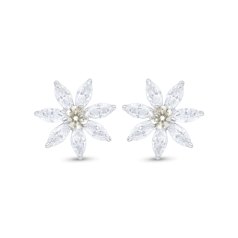 Sterling Silver 925 Earring Rhodium Plated Embedded With Yellow Diamond And White Zircon