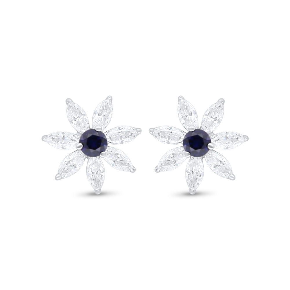 Sterling Silver 925 Earring Rhodium Plated Embedded With Sapphire Corundum And White Zircon