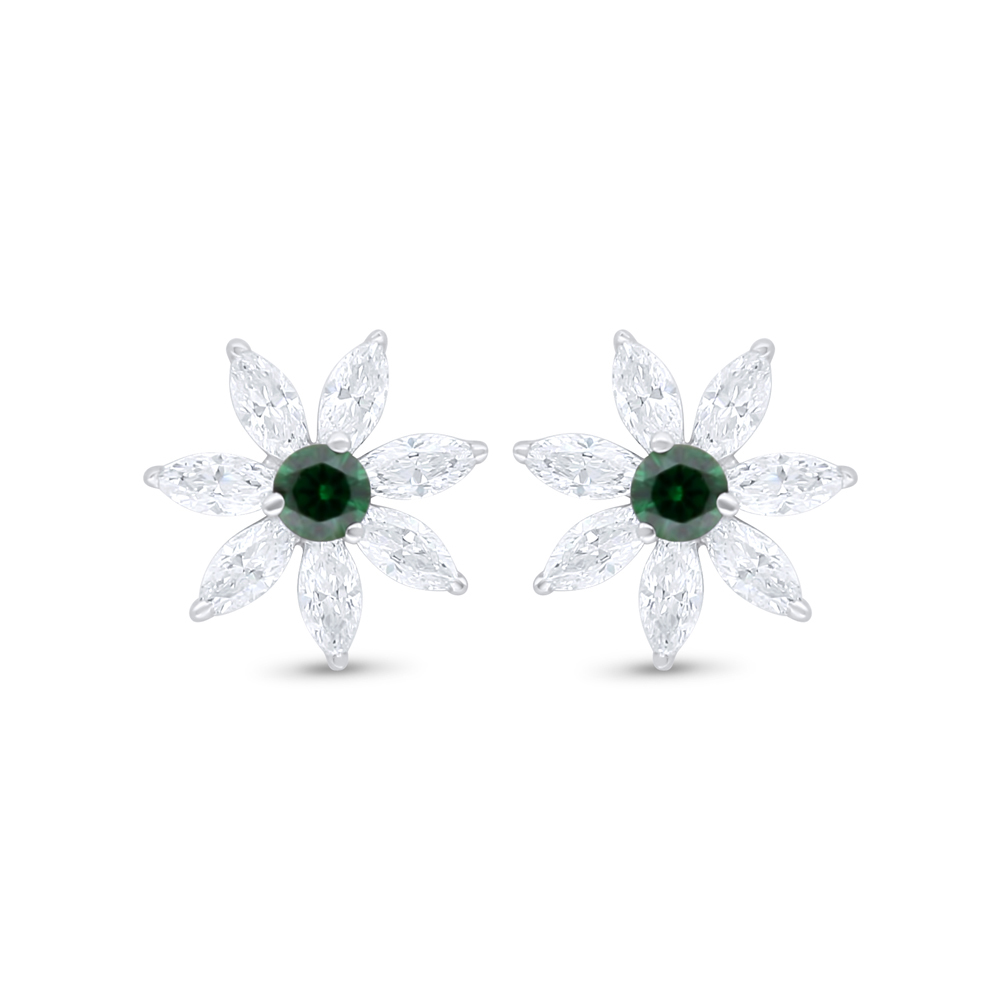 Sterling Silver 925 Earring Rhodium Plated Embedded With Emerald Zircon And White Zircon