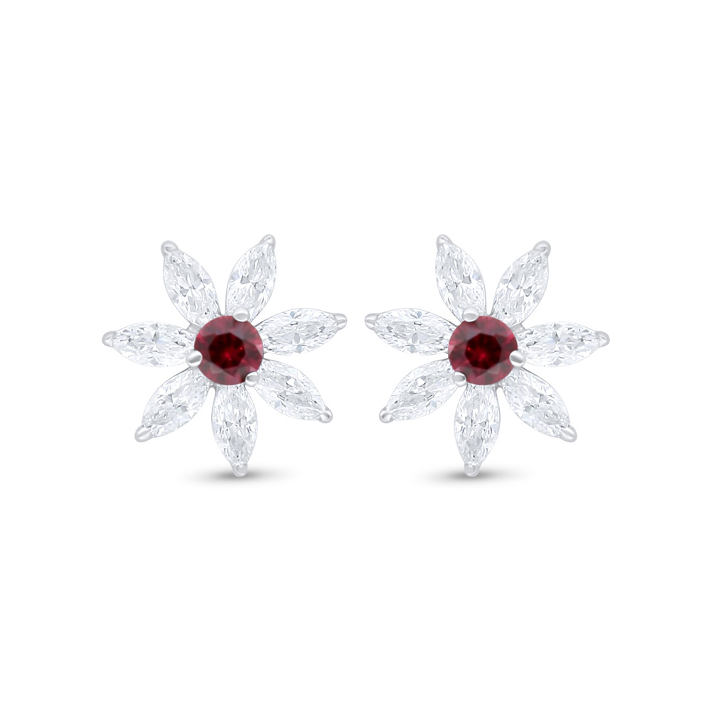 Sterling Silver 925 Earring Rhodium Plated Embedded With Ruby Corundum And White Zircon