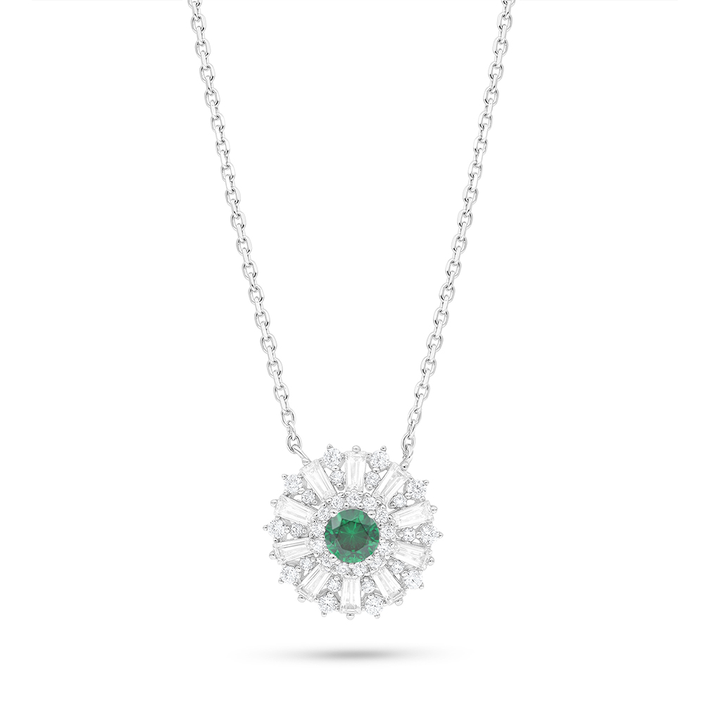 Sterling Silver 925 Necklace Rhodium Plated Embedded With Emerald Zircon And White Zircon