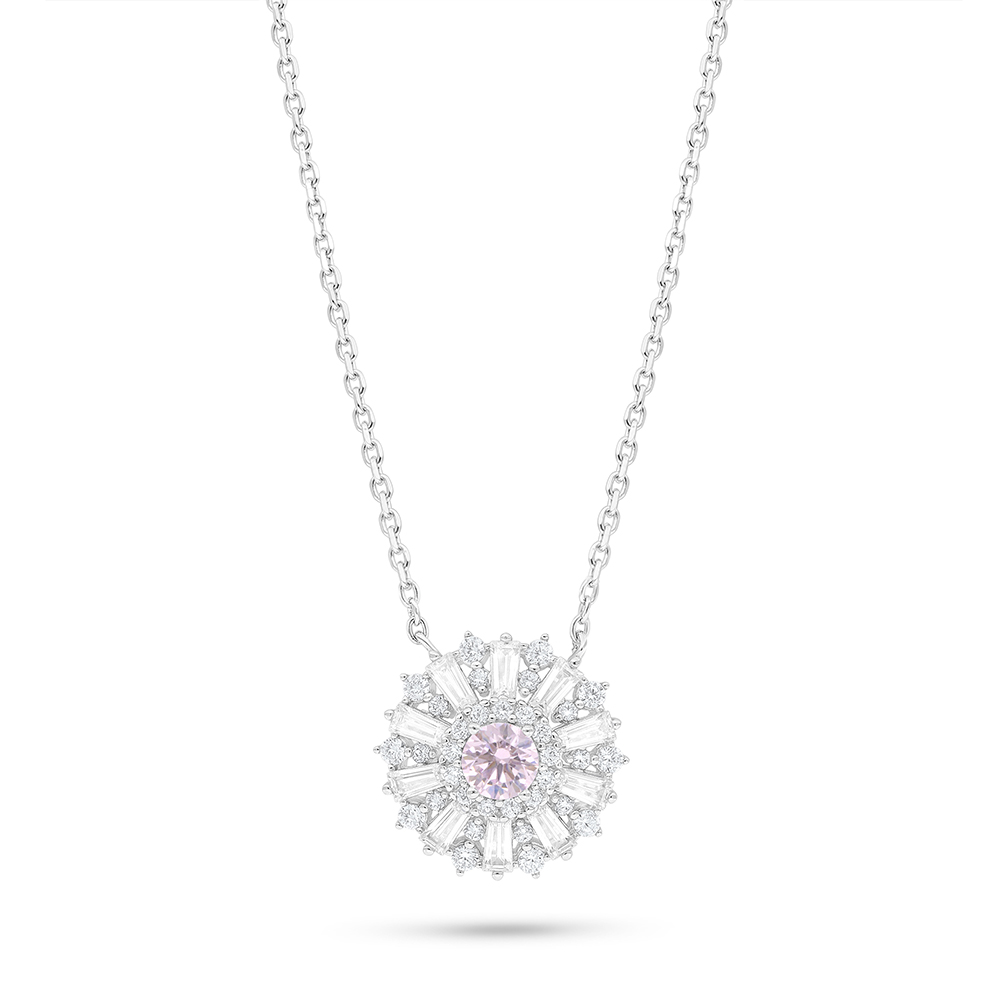 Sterling Silver 925 Necklace Rhodium Plated Embedded With Pink Zircon And White Zircon