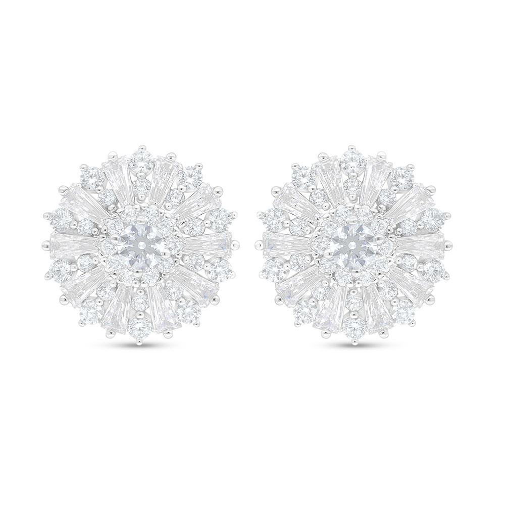 Sterling Silver 925 Earring Rhodium Plated Embedded With White Zircon