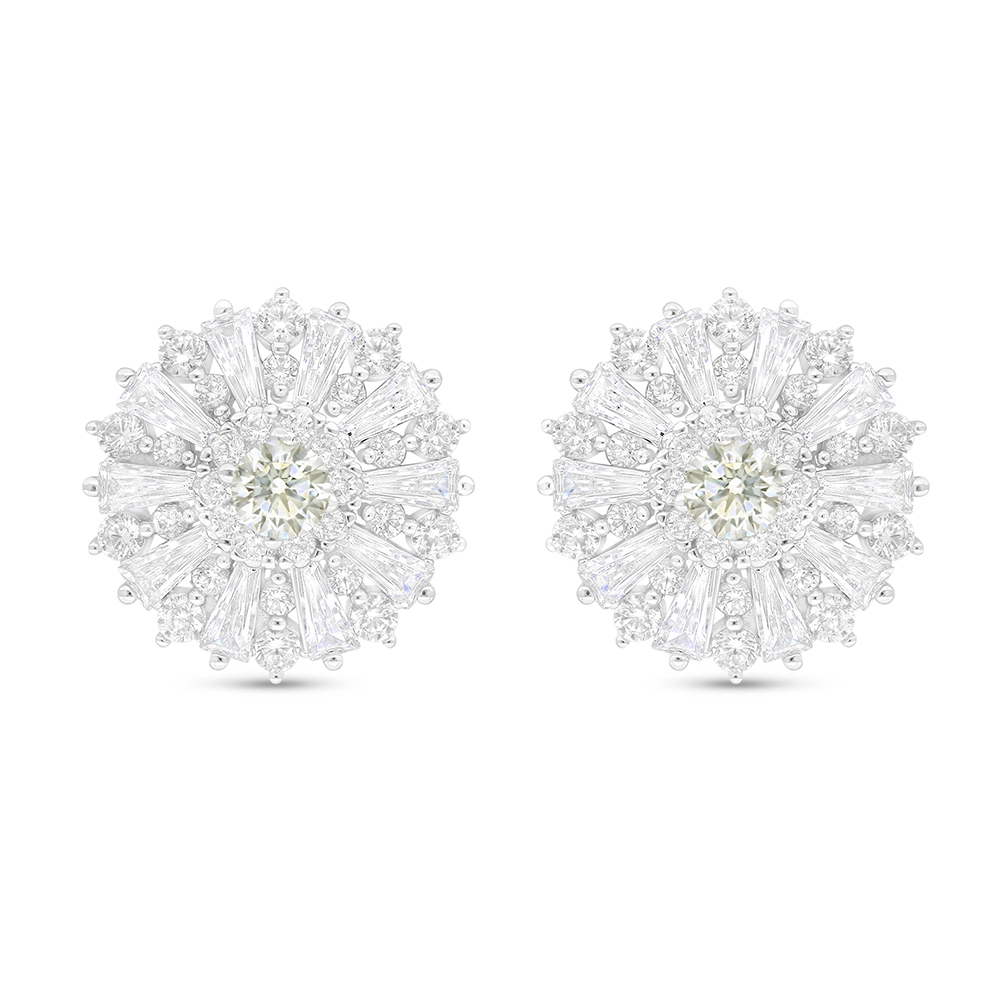 Sterling Silver 925 Earring Rhodium Plated Embedded With Yellow Diamond And White Zircon