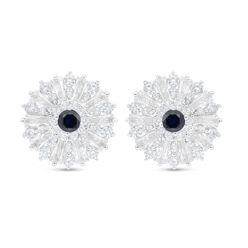 Sterling Silver 925 Earring Rhodium Plated Embedded With Sapphire Corundum And White Zircon