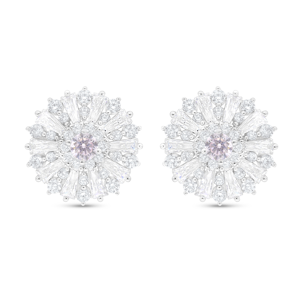 Sterling Silver 925 Earring Rhodium Plated Embedded With Pink Zircon And White Zircon