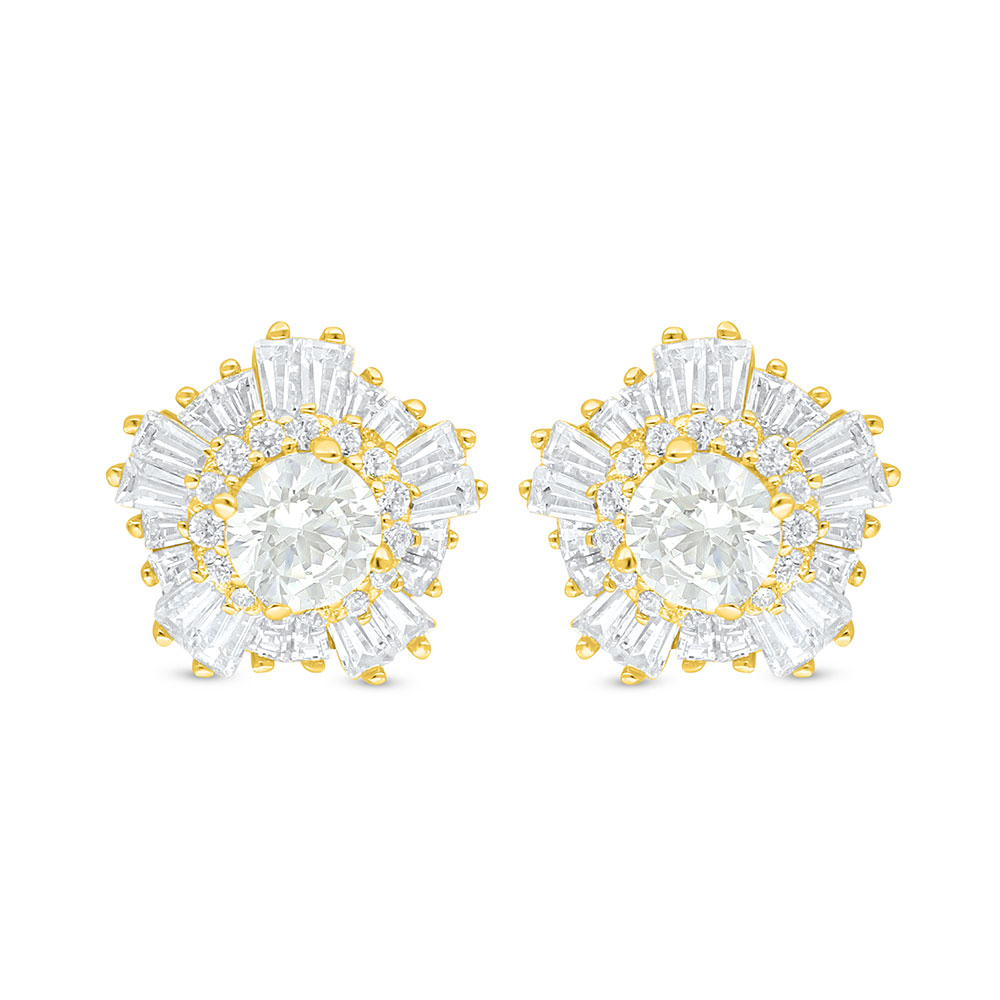 Sterling Silver 925 Earring Golden Plated Embedded With Yellow Diamond And White Zircon