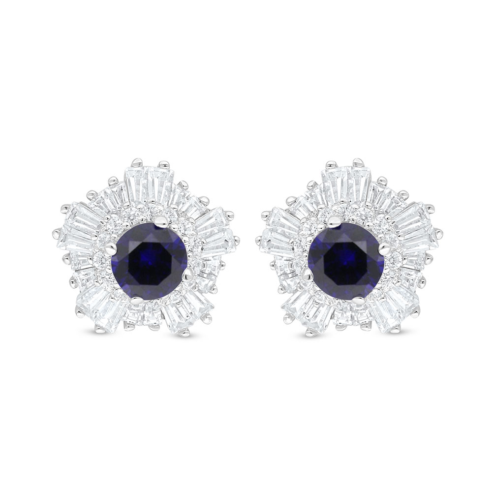 Sterling Silver 925 Earring Rhodium Plated Embedded With Sapphire Corundum And White Zircon