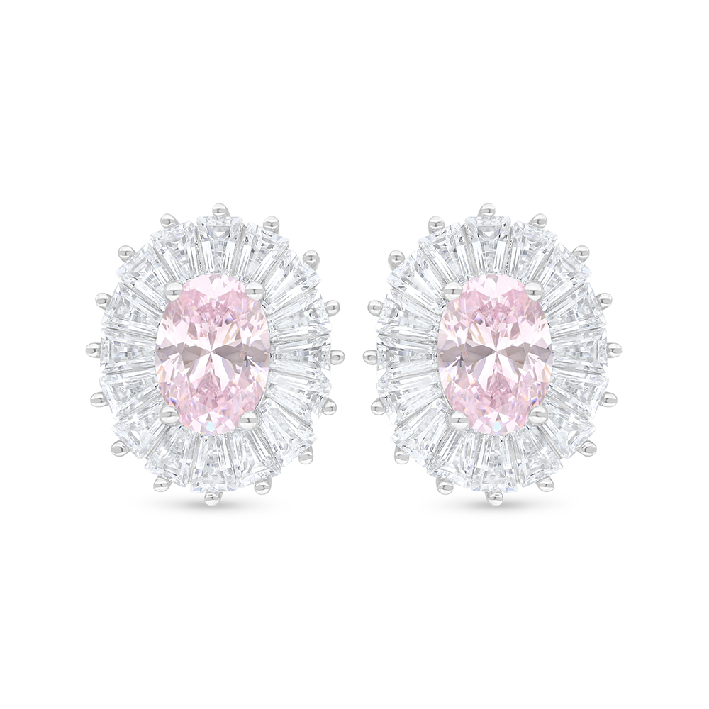 Sterling Silver 925 Earring Rhodium Plated Embedded With Pink Zircon And White Zircon