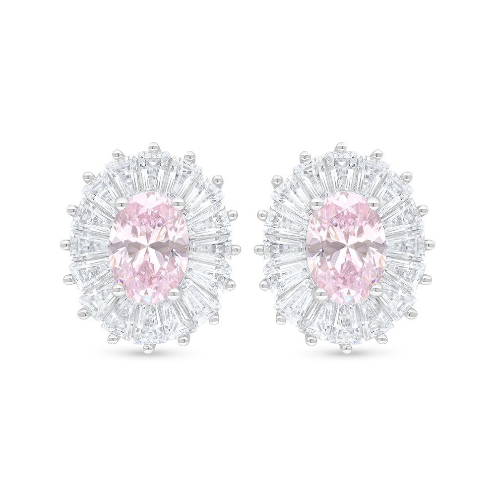 Sterling Silver 925 Earring Rhodium Plated Embedded With Pink Zircon And White Zircon