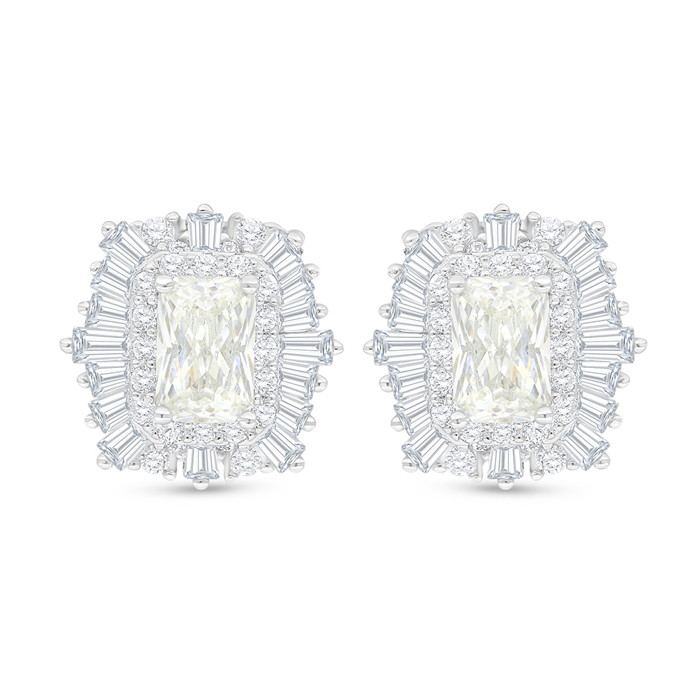 Sterling Silver 925 Earring Rhodium Plated Embedded With Yellow Diamond And White Zircon