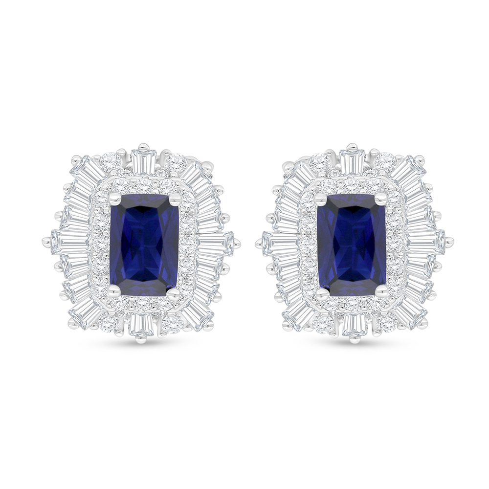 Sterling Silver 925 Earring Rhodium Plated Embedded With Sapphire Corundum And White Zircon