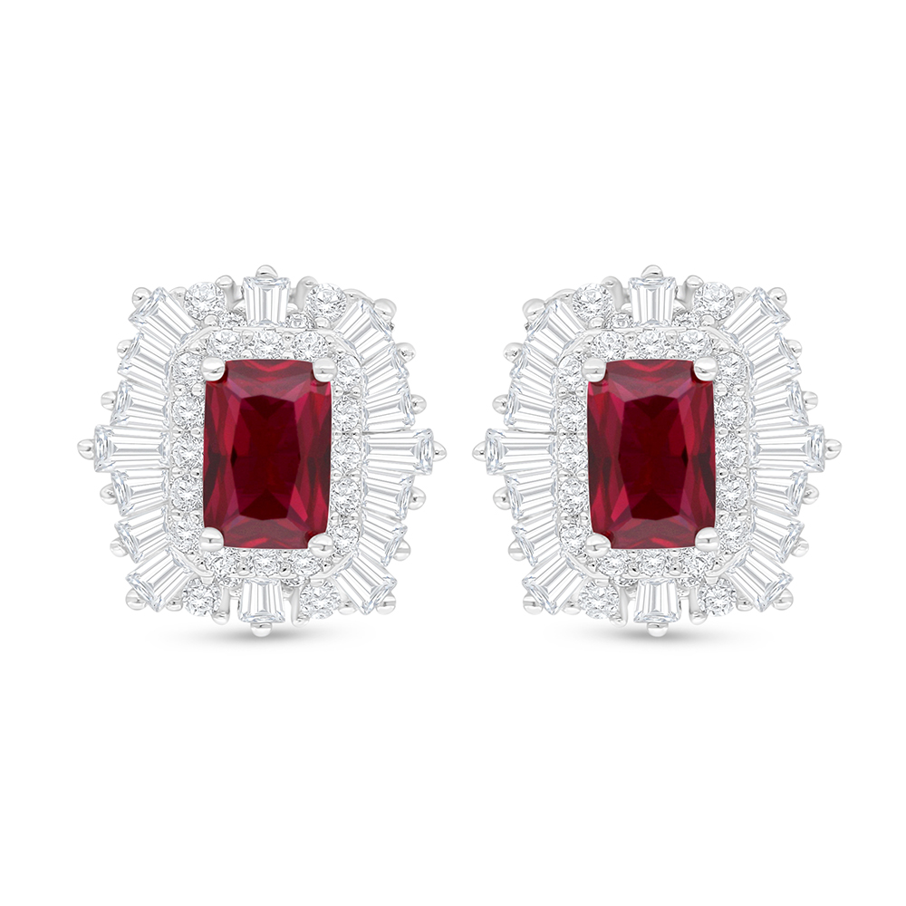 Sterling Silver 925 Earring Rhodium Plated Embedded With Ruby Corundum And White Zircon