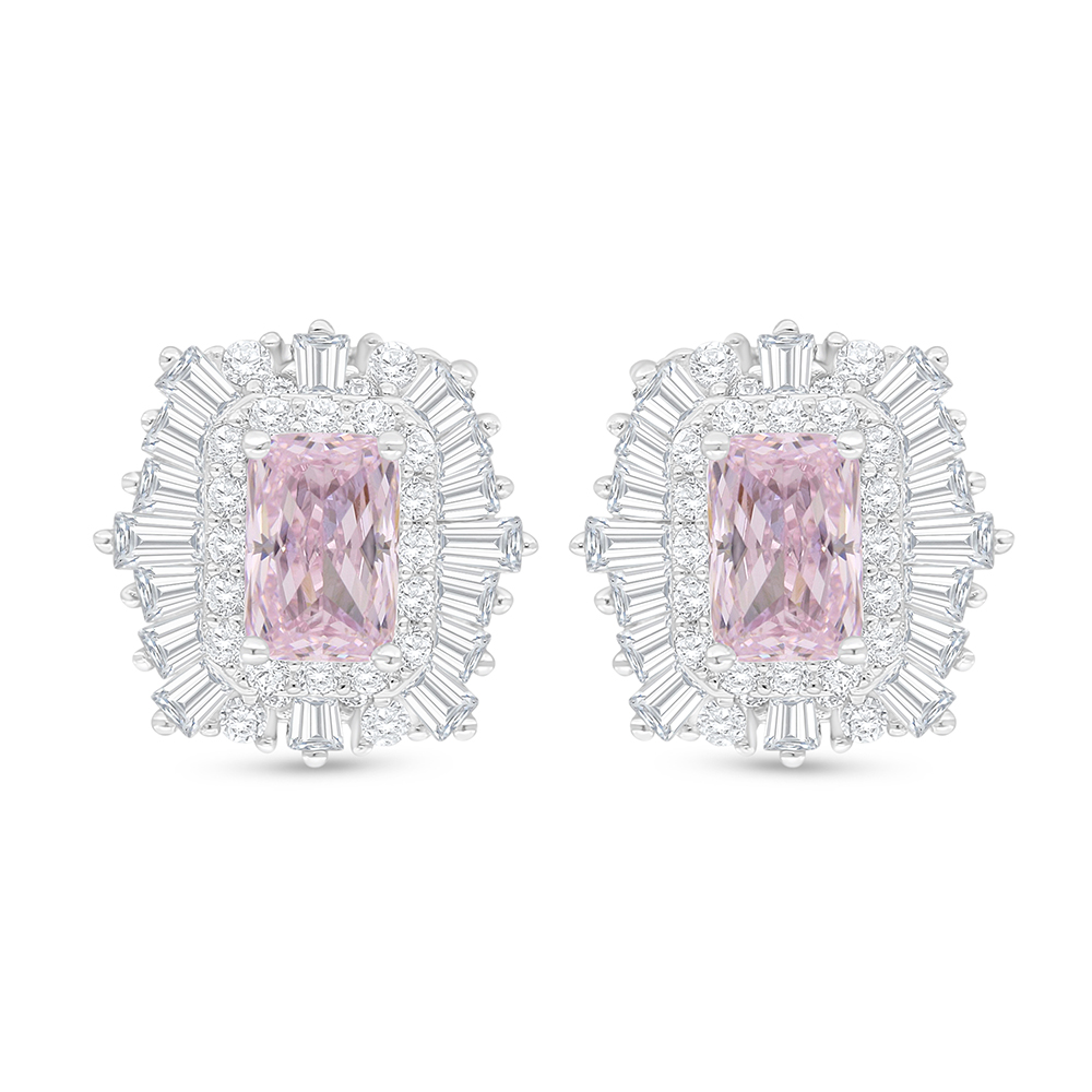 Sterling Silver 925 Earring Rhodium Plated Embedded With Pink Zircon And White Zircon