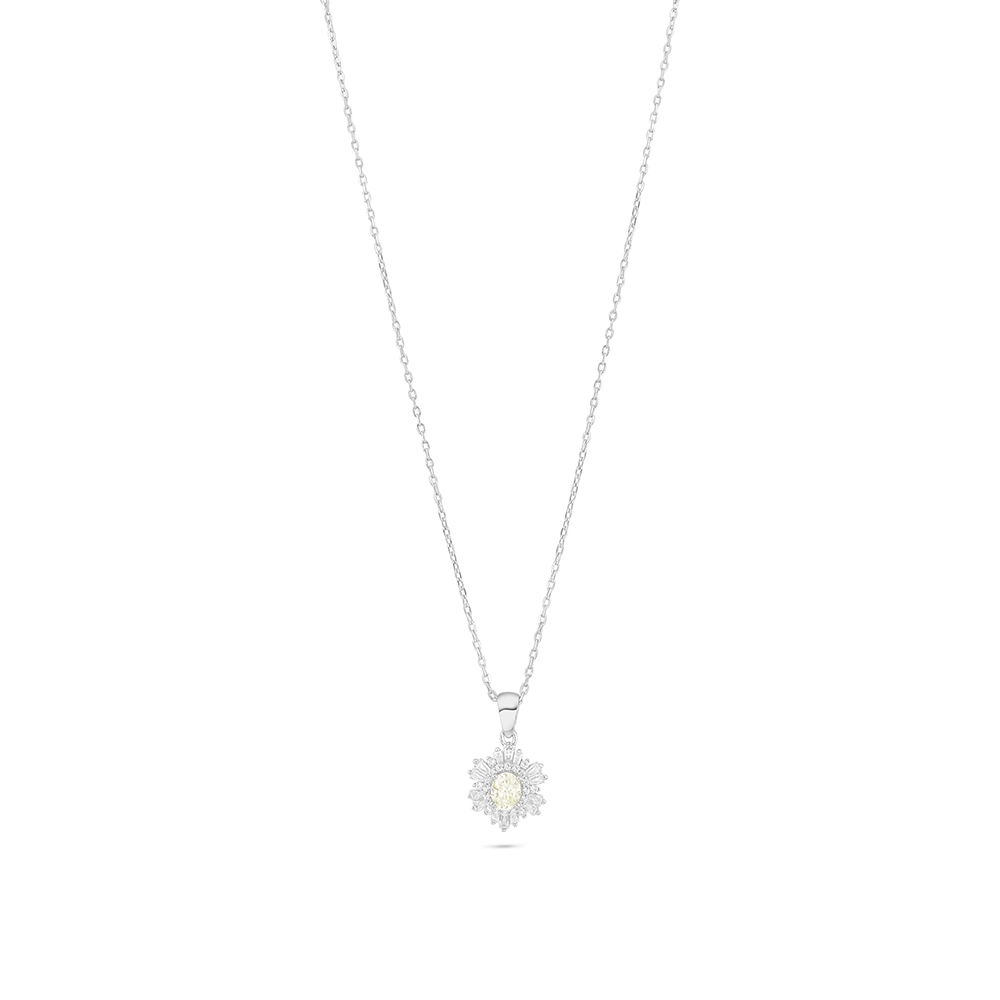 Sterling Silver 925 Necklace Rhodium Plated Embedded With Yellow Diamond And White Zircon