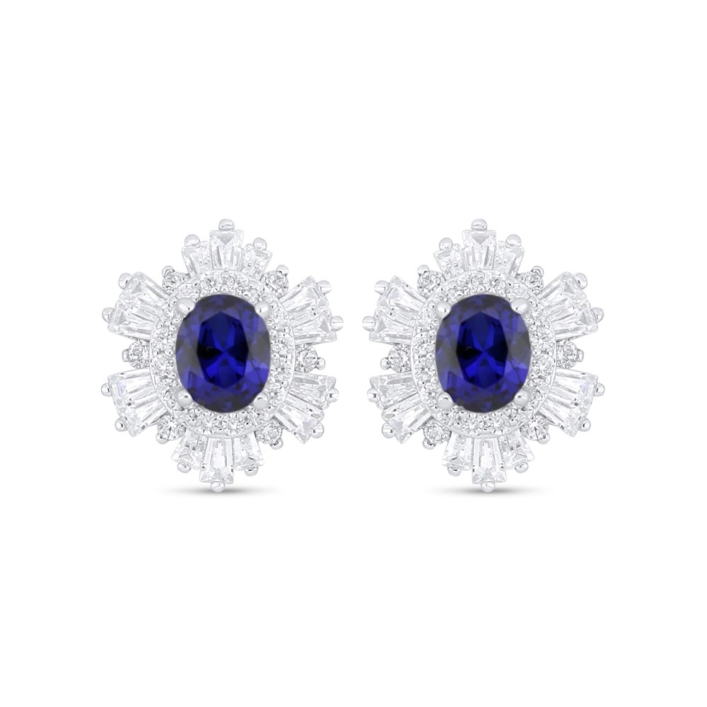 Sterling Silver 925 Earring Rhodium Plated Embedded With Sapphire Corundum And White Zircon