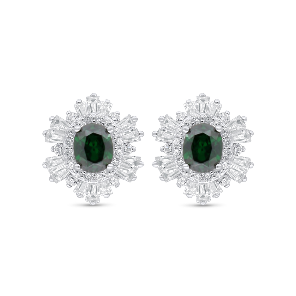 Sterling Silver 925 Earring Rhodium Plated Embedded With Emerald Zircon And White Zircon