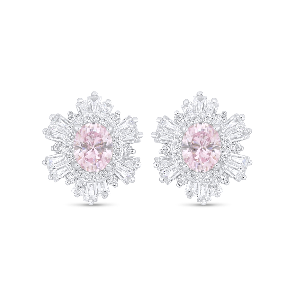 Sterling Silver 925 Earring Rhodium Plated Embedded With Pink Zircon And White Zircon