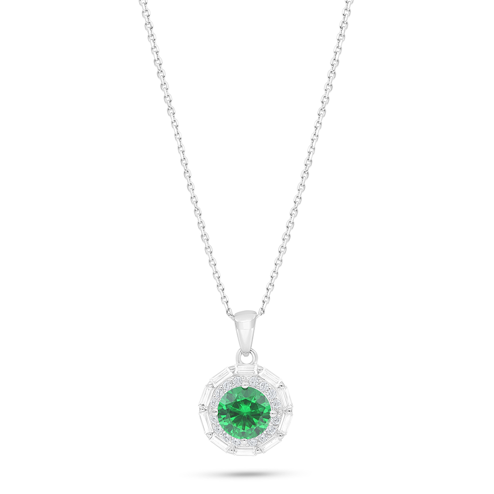 Sterling Silver 925 Necklace Rhodium Plated Embedded With Emerald Zircon And White Zircon