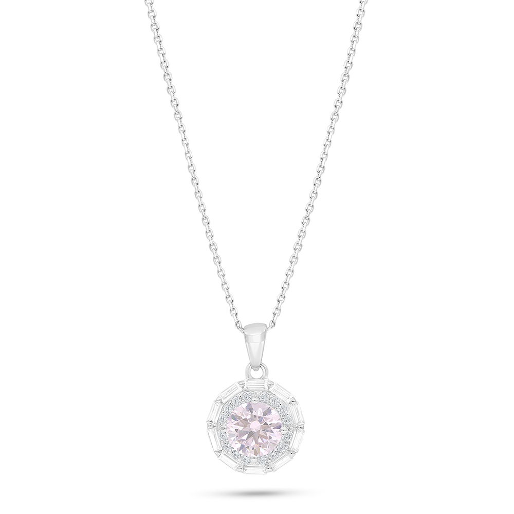 Sterling Silver 925 Necklace Rhodium Plated Embedded With Pink Zircon And White Zircon