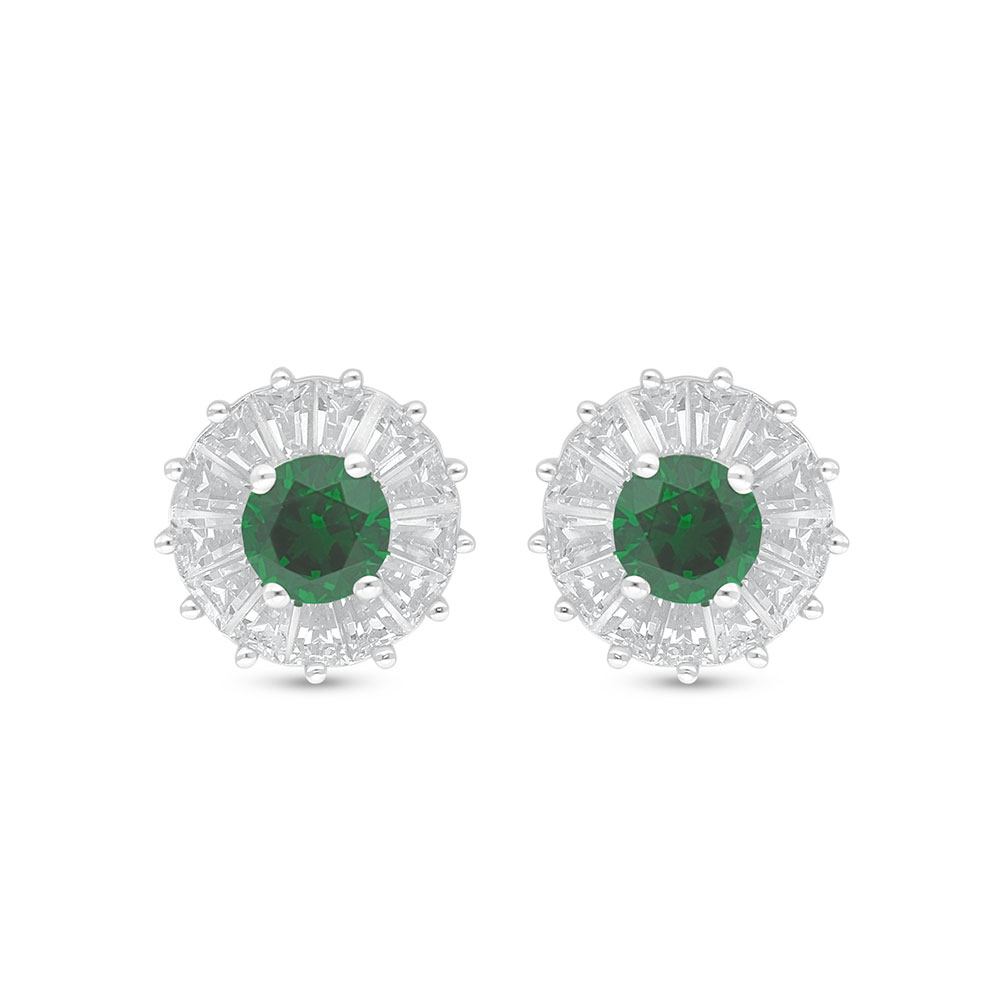 Sterling Silver 925 Earring Rhodium Plated Embedded With Emerald Zircon And White Zircon