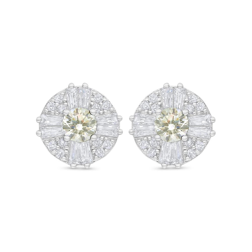 Sterling Silver 925 Earring Rhodium Plated Embedded With Yellow Diamond And White Zircon