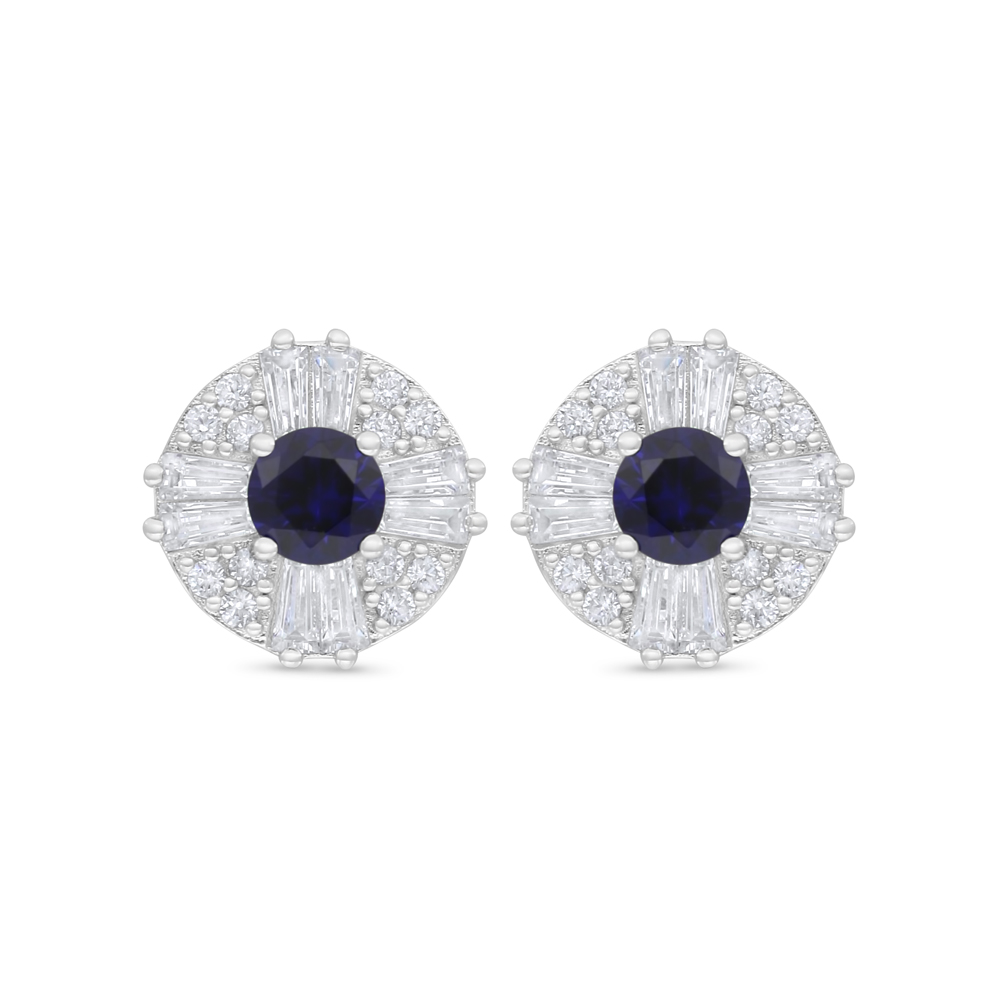 Sterling Silver 925 Earring Rhodium Plated Embedded With Sapphire Corundum And White Zircon